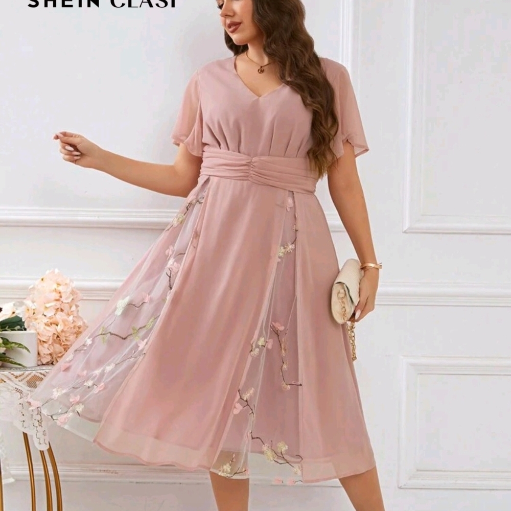 SHEIN Pink Midi Dress with Floral Embroidered Overlay